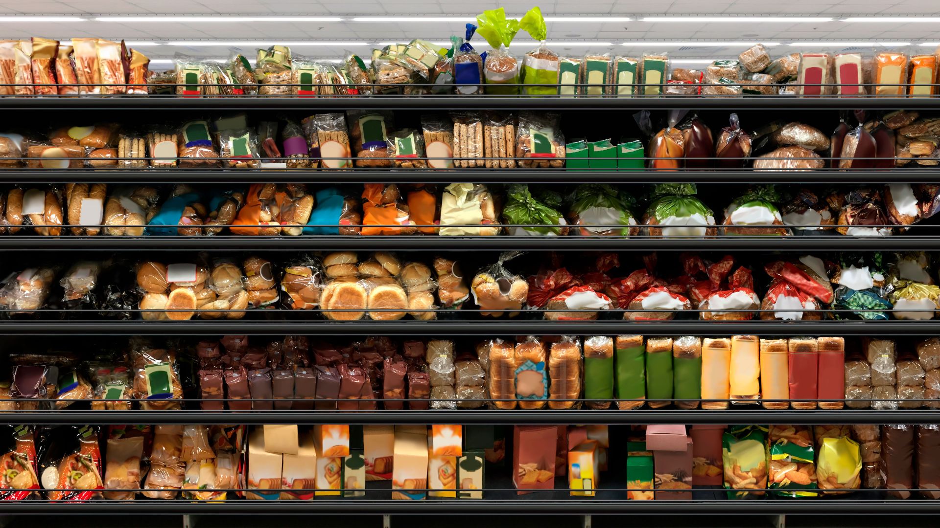 Scaffali di un supermercato con prodotti alimentari confezionati — analisi di mercato retail