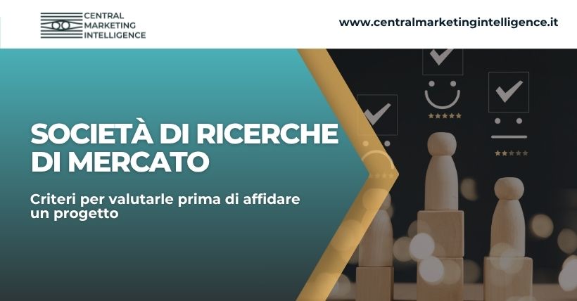 Copertina blog su società di ricerche di mercato con elementi grafici legati a valutazione, dati, affidabilità e scelta del fornitore.