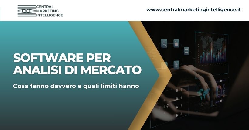 Copertina dell’articolo sui software per analisi di mercato, con grafica CMI e schermata digitale con dati e grafici.