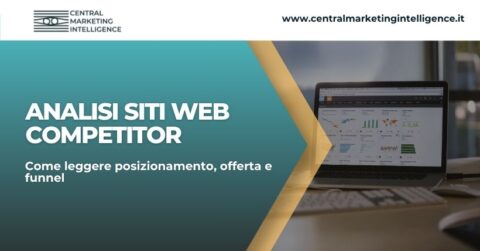 Copertina dell’articolo Analisi siti web competitor con dashboard su laptop, dati digitali e branding Central Marketing Intelligence.