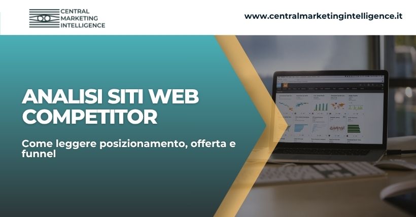 Copertina dell’articolo Analisi siti web competitor con dashboard su laptop, dati digitali e branding Central Marketing Intelligence.