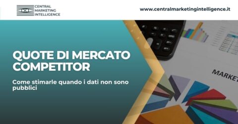 Copertina dell’articolo Quote di mercato competitor con grafici, calcolatrice, dati di mercato e branding Central Marketing Intelligence.