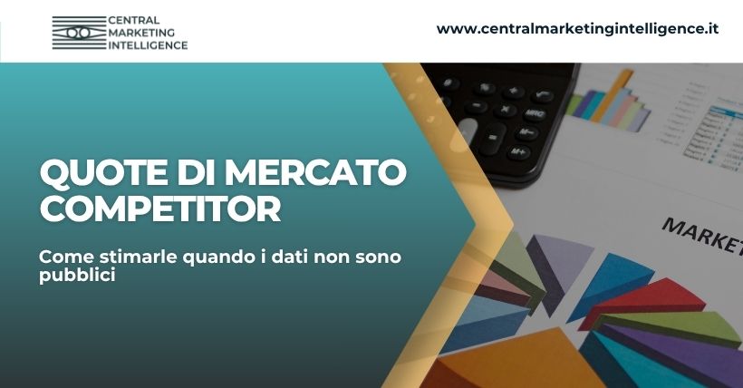 Copertina dell’articolo Quote di mercato competitor con grafici, calcolatrice, dati di mercato e branding Central Marketing Intelligence.